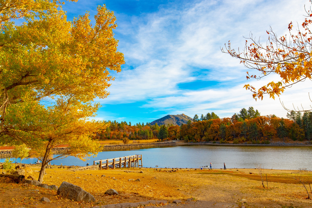 view of lake and mountain while fall camping