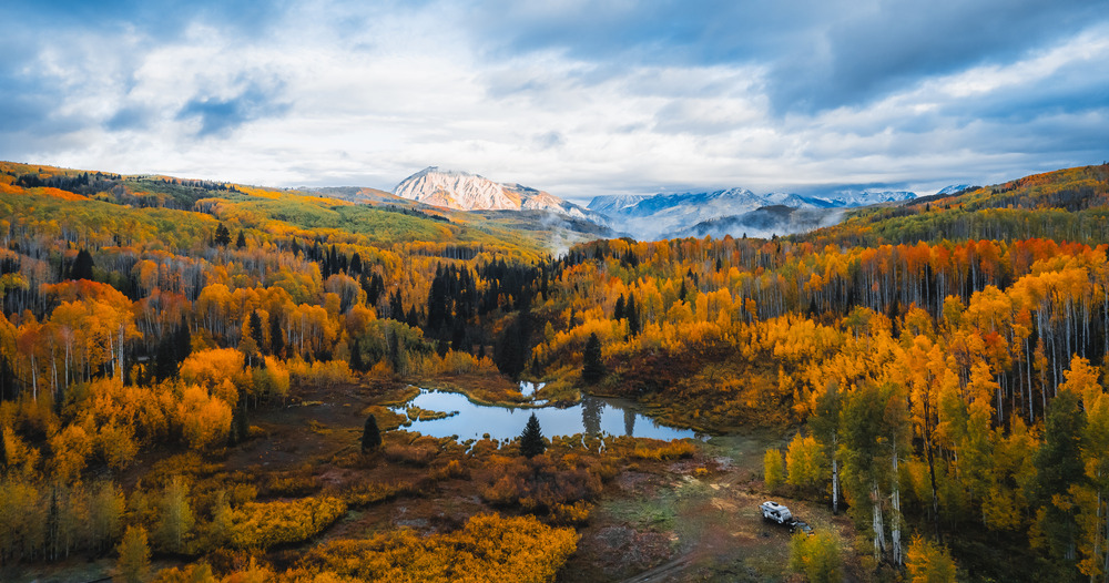 Epic Aerial Colorado Fall Season Vista Remote Wilderness Dispersed RV Camping