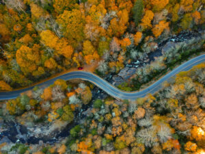 Aerial Drone view of Autumn / fall in the Blue ridge of the Appalachian Mountains near Asheville, North Carolina