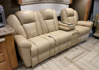 tan RV Theater Sofa installation