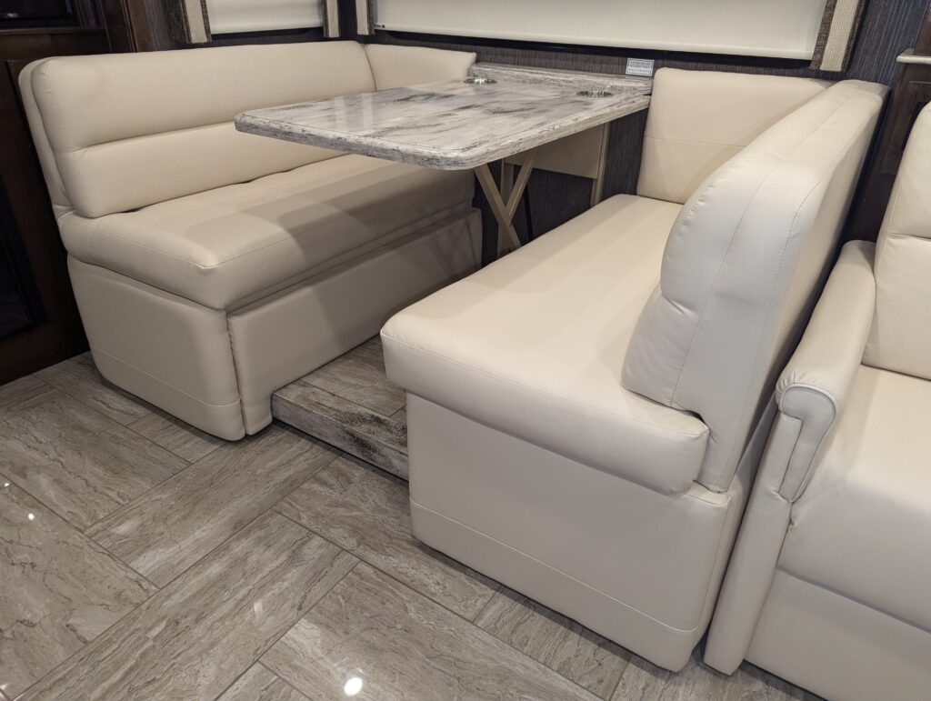 rv dining booth install with a custom marbled tabletop